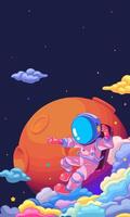 Vertical illustration of astronauts exploring space with stars and planets in the background vector