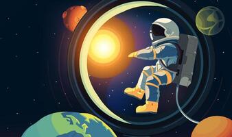 A horizontal illustration of astronauts exploring space with stars and planets in the background vector