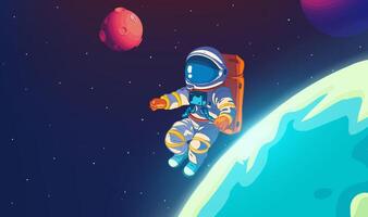 A horizontal illustration of astronauts exploring space with stars and planets in the background vector