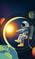 Vertical illustration of astronauts exploring space with stars and planets in the background vector