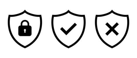 Security shield line icon vector. Shields with padlock, checkmark, and cross mark vector