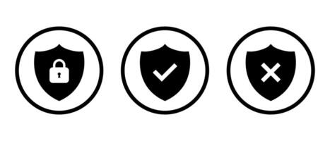 Shield with padlock, checkmark, and cross mark icon. Security shields concept vector