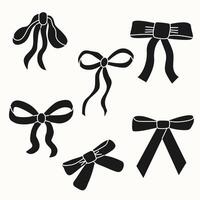 Set of black and white various thin bows, gift ribbons. Bowknots in hand-drawn and flat styles. Fashionable vector illustration. Hair accessory. Bows for gift wrapping