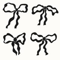 Set of black and white various wavy bows, gift ribbons. Bowknots in hand-drawn and flat styles. Fashionable vector illustration. Hair accessory. Bows for gift wrapping