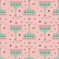 Pattern with alcoholic cocktails in glasses of different shapes in red and pink colors. Drinks in different types of vintage glasses. Modern design for greeting cards, posters, wrapping, pack paper. vector