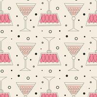 Pattern with alcoholic cocktails in glasses of different shapes in red and pink colors. Drinks in different types of vintage glasses. Modern design for greeting cards, posters, wrapping, pack paper. vector