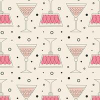 Pattern with alcoholic cocktails in glasses of different shapes in red and pink colors. Drinks in different types of vintage glasses. Modern design for greeting cards, posters, wrapping, pack paper. vector