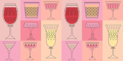 Geometric seamless pattern with alcoholic cocktails in glasses of different shapes vector