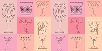 Seamless pattern of alcoholic cocktails in glasses of different shapes. Drinks in different types of vintage glasses. Line art vector illustration in pink color. Cartoon retro style.