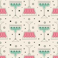 Pattern with alcoholic cocktails in glasses of different shapes in red and pink colors. Drinks in different types of vintage glasses. Modern design for greeting cards, posters, wrapping, pack paper. vector