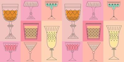 Geometric seamless pattern with alcoholic cocktails in glasses of different shapes vector