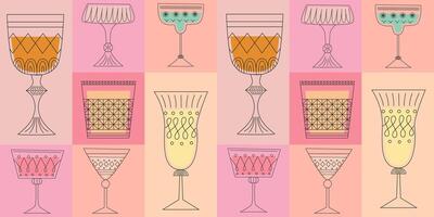 Geometric seamless pattern with alcoholic cocktails in glasses of different shapes vector