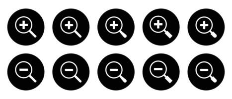 Set of zoom icon vector on black circle. Magnifying glass with plus and minus sign symbol