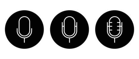 Set of microphone line icon vector. Mic, voice recorder sign symbol on black circle vector