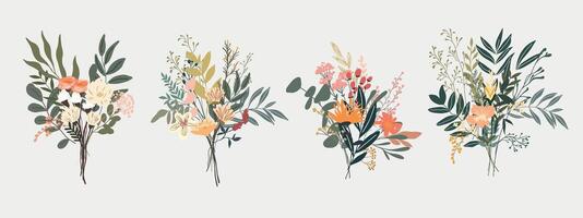 Assorted Floral Bouquets on a White Background, Simple Flat vector