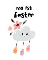 Greeting card with cute cloud and eggs. Easter illustration with festive animals in boho style. My 1st Easter. Vector cartoon illustration for print.