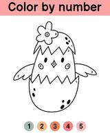 Color by number game for kids. Cute chick. Easter coloring book. Printable worksheet with solution for school and preschool. Learning numbers activity. Vector cartoon illustration.