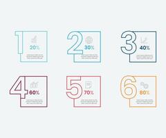 Business model with six colorful square elements placed in horizontal row. Concept of 6 options of startup project to choose. Modern flat vector illustration for information analysis free vector