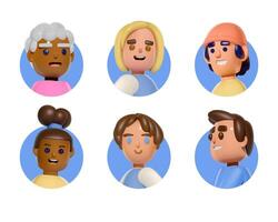 Set of 3d avatars of happy people in circle frames. Cartoon characters are smiling. Vector illustration of portraits of men and women.