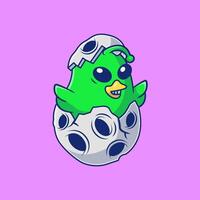 Cute Alien Chick In A Cracked Moon Cartoon Vector Icons Illustration. Flat Cartoon Concept. Suitable for any creative project.