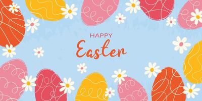 Rectangular greeting background decorated hand drawn blooming flowers, colorful eggs and typography Happy Easter. Flat vector grunge textured illustration on blue backdrop.