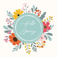 Hello Spring quote. Floral decoration with various hand drawn flowers, leaves and berries. Grunge textured round shape with space for text. Flat vector illustration. Sale banner or flyer template.