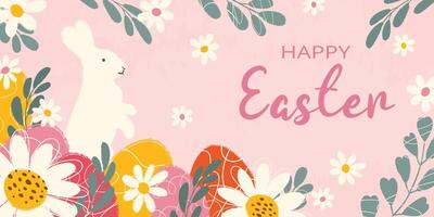 Rectangular festive background decorated hand drawn blooming flowers, green leaves white bunny and multicolored eggs for Happy Easter. Flat vector grunge textured illustration on pink backdrop