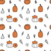Seamless autumn pattern with doodle pumpkin leaves. Background with plants vector