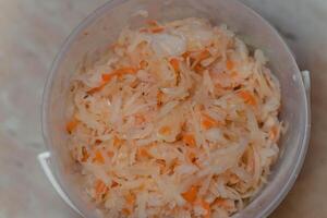 Sauerkraut in brine, crispy, juicy. fermented sauerkraut photo