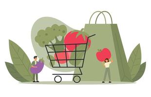 Organic food concept. Man and woman put vegetables into shopping trolley. Vector illustration