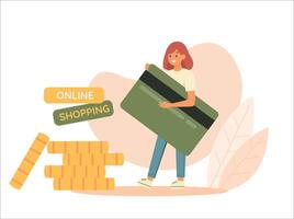 Woman carrying huge bank card. Big heap of coins. Online shopping concept. Flat vector illustration