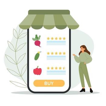 Female character choosing vegetables on web site with star rate and reviews on app. Vector illustration in flat style