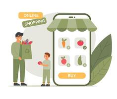 Online shopping concept. Dad and son buy fresh vegetables from online store using phone app. Recycle bag full of food vector