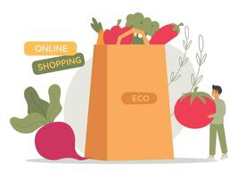 Man character put vegetables in huge paper shopping bag. Eco concept. Vector illustration in flat style