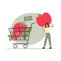 Eco shopping concept. Character buying fresh vegetables, full shopping cart or trolley vector