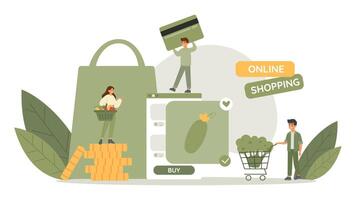 en línea compras concepto. caracteres comprando vegetales desde Tienda utilizando tarjeta. teléfono solicitud. compras cesta vector