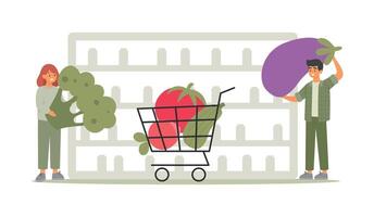 Shopping concept. Family buy fresh organic vegetables in supermarket. Vector