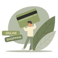 hombre que lleva enorme banco tarjeta. en línea compras concepto. plano vector ilustración