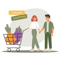 Family buy fresh vegetables. Man and woman with full shopping trolley. Vector