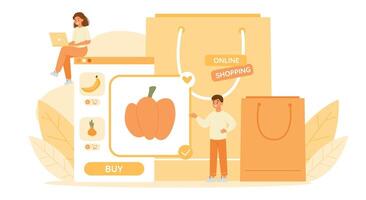 en línea orden concepto. personaje comprando vegetales desde en línea tienda. tienda de comestibles ordenando en teléfono solicitud. vector ilustración