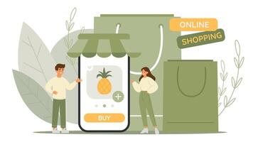 Online order concept. Characters buying fruits from online shop. Grocery ordering from phone application. Vector illustration