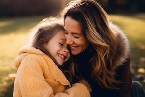 ai generado mujer abrazando pequeño niña en campo foto