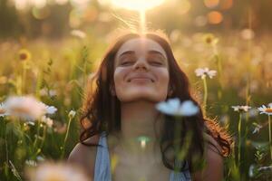 AI generated Woman Smiling in Daisy Field photo