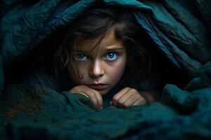 AI generated Child hiding under blanket, scared, seeking comfort and safety, concept of fear and protection photo