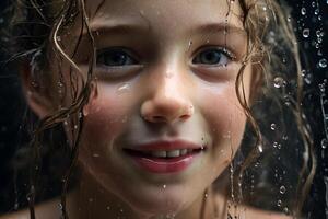 ai generado adorable retrato de joven niña con mojado pelo y brillante azul ojos foto