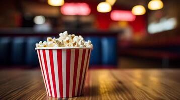 ai generado cartulina Cubeta de palomitas de maiz con rojo y blanco rayas en vacío película pantalla antecedentes foto