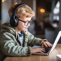 AI generated Young Boy Using Laptop and Wearing Headphones photo