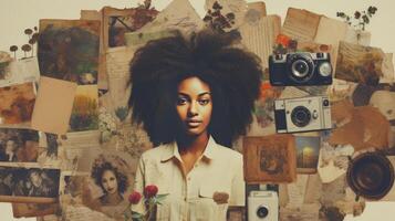 AI generated Vintage camera effect shabby collage of beautiful african american woman, pastel colors copy space photo