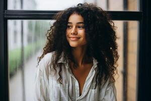 AI generated Attractive latin woman enjoying coffee in urban cafe by window with raindrops, city life portrait photo