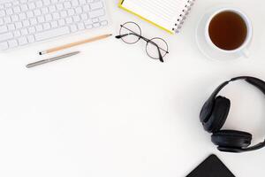 Top view keyboard and coffee cup on office desk. Copy space for your text photo